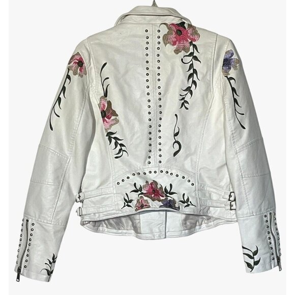 Faux Vegan Leather White Floral Embroidered Studded Zip Biker Moto Jacket - Picture 2 of 14